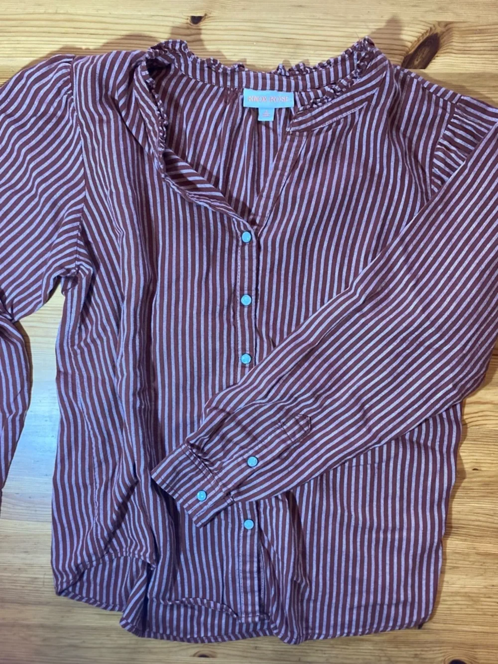 Knox Rose Striped Ruffle Neck Pearl Snap Button Blouse Size Medium